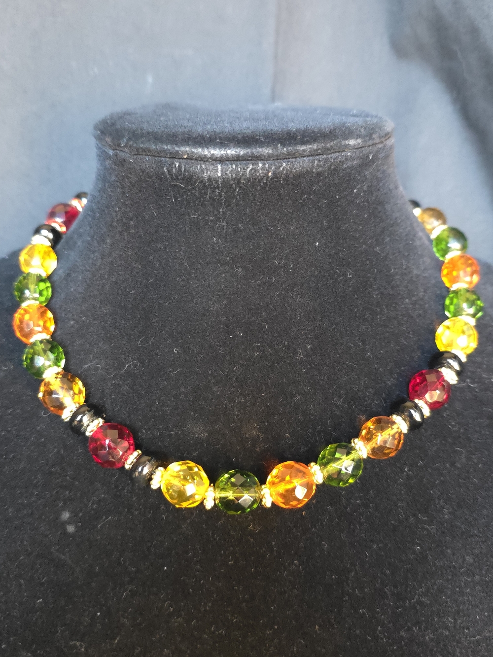 Vintage Multicolor Faceted Glass Bead Necklace - Red, Yellow, Green, Orange